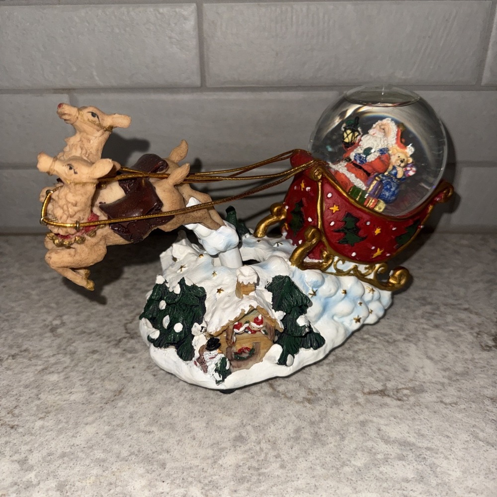 Vintage International Bazaar Santa's Sleigh Snow Globe Animated Reindeer READ